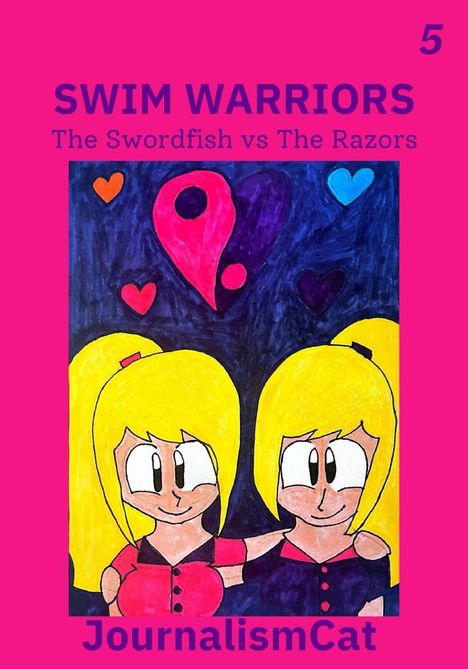 SWIM WARRIORS, The Swordfish vs The Razors, 5. Zwei fröhliche, blonde Zeichentrickfiguren in bunten Outfits umarmen sich.