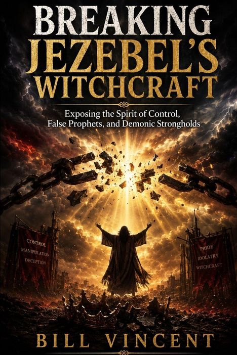 Im Zentrum steht "Breaking Jezebel's Witchcraft". Eine Gestalt reckt die Arme empor, umgeben von zerbrechenden Ketten.