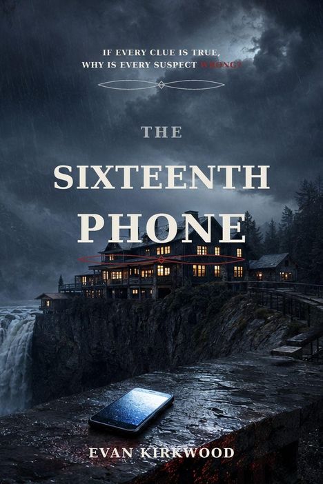 Texts: "IF EVERY CLUE IS TRUE, WHY IS EVERY SUSPECT WRONG?" "THE SIXTEENTH PHONE" "EVAN KIRKWOOD." 

Eine düstere Szene zeigt ein Handy auf einer Mauer vor einem beleuchteten Haus am Wasserfall.