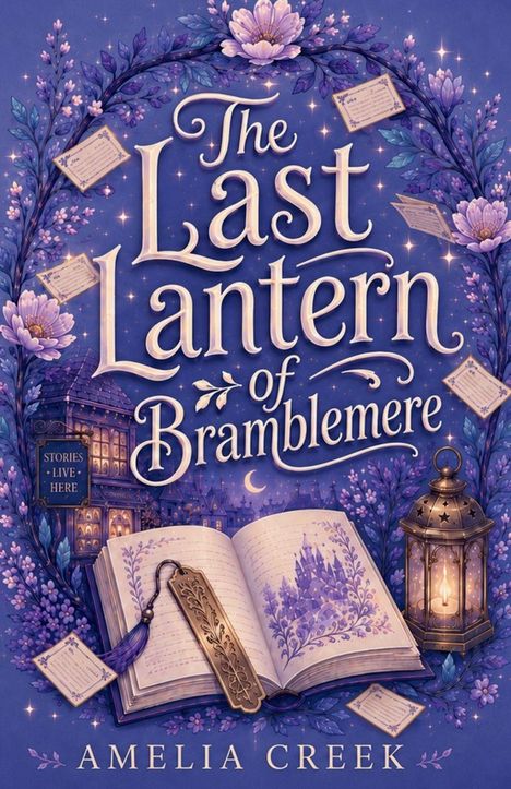 "The Last Lantern of Bramblemere", Schriftzug umgeben von lilafarbenen Blumen, einem offenen Buch und einer Laterne.