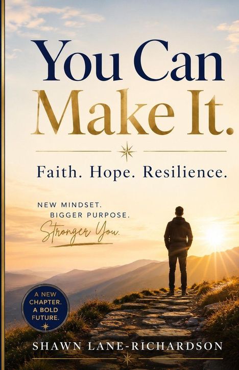 „You Can Make It. Faith. Hope. Resilience.“ Ein Mann steht auf einem Pfad und blickt in den Sonnenuntergang.