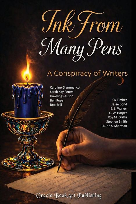 „Ink From Many Pens: A Conspiracy of Writers.“ Ein Federkiel schreibt, daneben eine brennende Kerze.
