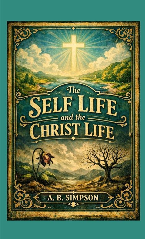 „The Self Life and the Christ Life“, von A. B. Simpson. Illustration eines Kreuzes, Natur, eine Blume und ein Baum.