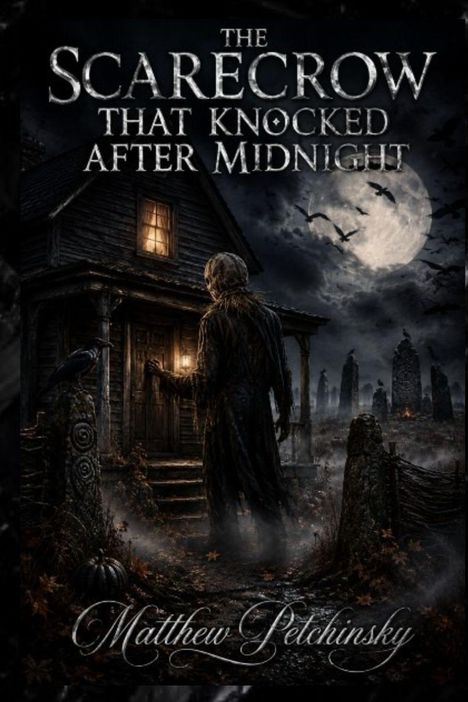 „The Scarecrow That Knocked After Midnight“ von Matthew Pelchinsky. Eine düstere Szenerie mit Vogelscheuche vor einem Haus.
