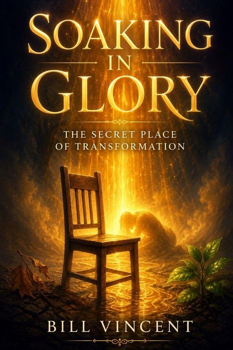 „SOAKING IN GLORY. THE SECRET PLACE OF TRANSFORMATION. BILL VINCENT.“ Eine leuchtende Illustration mit Stuhl, kniender Figur und Pflanze.