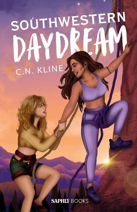 "Southwestern Daydream" von C.N. Kline, SAPHLY BOOKS. Zwei Frauen beim Klettern vor einem Sonnenuntergang im Hintergrund.