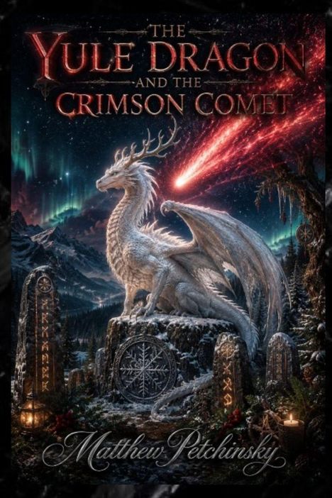 "The Yule Dragon and the Crimson Comet" in roten Buchstaben. Weiße Drachenfigur mit Geweih unter leuchtendem Kometen und Polarlichtern.