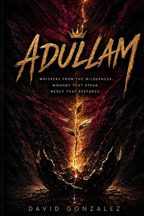 „ADULLAM“ in goldener Schrift, darunter: „Whispers from the wilderness. Wounds that speak. Mercy that restores.“ Ein Keimling wächst.