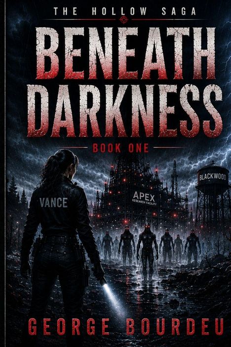 "Beneath Darkness", "Book One", "Vance", "Apex Research Facility", "Blackwood", "George Bourdeu". Eine Person mit Taschenlampe vor düsterem Hintergrund.