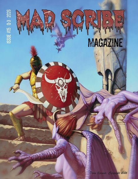 Text: "Mad Scribe Magazine", "Issue #15 Q3 2026". Szene: Krieger mit Schild kämpft gegen geflügelte Wesen auf antiken Stufen.