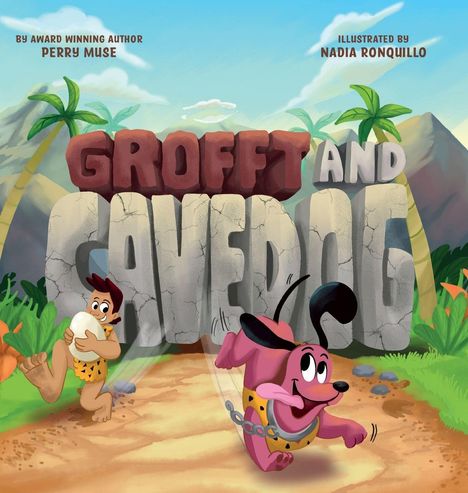 "Grofft and Cavedog" in großen Buchstaben, Zeichentrickfigur trägt Ei, pinker Hund läuft freudig. Palmen im Hintergrund.