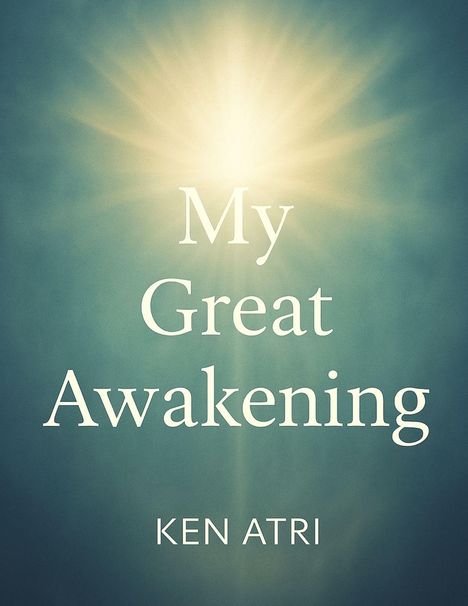 „My Great Awakening“ und „KEN ATRI“ vor strahlendem Licht, das von der Mitte nach außen leuchtet.
