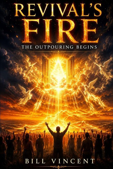 Oben steht "Revival's Fire", darunter "The Outpouring Begins". Menschen jubeln unter einem strahlenden Himmel mit Engelsfiguren.