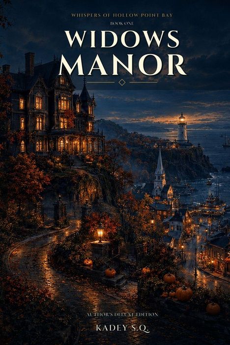 Text: "Widows Manor", "Whispers of Hollow Point Bay", "Book One", "Author's Deluxe Edition", "Kadey S.Q." Abendliche Küstenszene mit Leuchtturm und Villen.