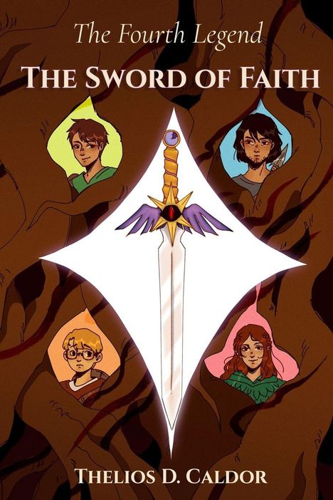 Text: "The Fourth Legend: The Sword of Faith. Thelios D. Caldor." Illustration: Schwert mit Flügeln, umgeben von vier Porträts.