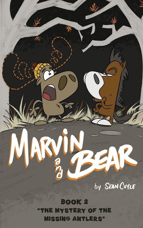 "Marvin and Bear" Buch 2: "The Mystery of the Missing Antlers". Illustration von zwei Comic-Tieren im Wald.