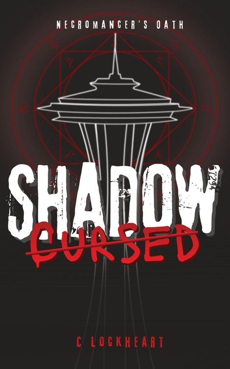 „Necromancer’s Oath“ und „Shadow Cursed“ in großen Lettern. Skizze eines Turms vor rotem magischen Kreis.