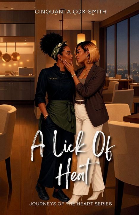 „CINQUANTA COX-SMITH“, „A Lick Of Heat“, „Journeys of the Heart Series“. Zwei Frauen in inniger Pose in elegantem Restaurant.