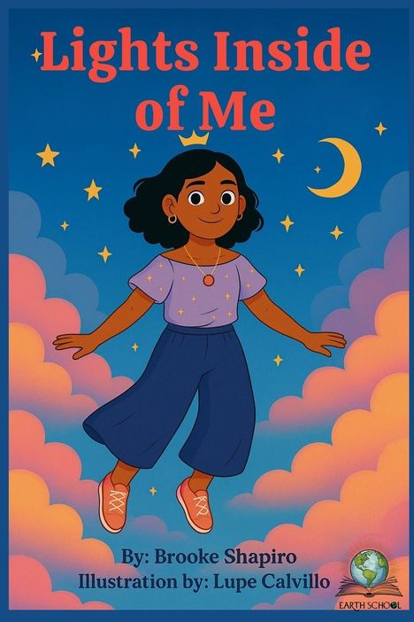 „Lights Inside of Me“ von Brooke Shapiro. Eine fröhliche Illustration eines Mädchens im Himmel mit Sternen und Wolken.