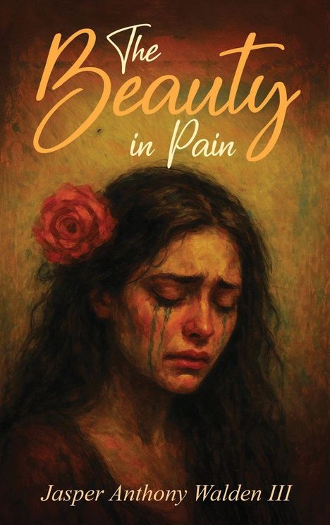 "The Beauty in Pain" oben, "Jasper Anthony Walden III" unten. Gemälde: Frau mit Träne und Rose im Haar.