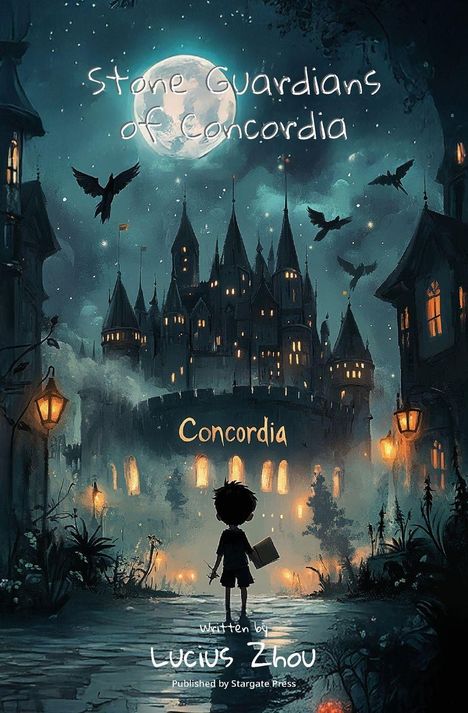 "Stone Guardians of Concordia" steht oben, "Concordia" zentral. Illustration: Junge vor imposanter Burg bei Nacht.