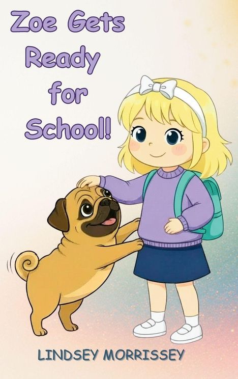"Zoe Gets Ready for School!" Illustration: Blondmädchen mit Rucksack, streichelt fröhlichen Mops.