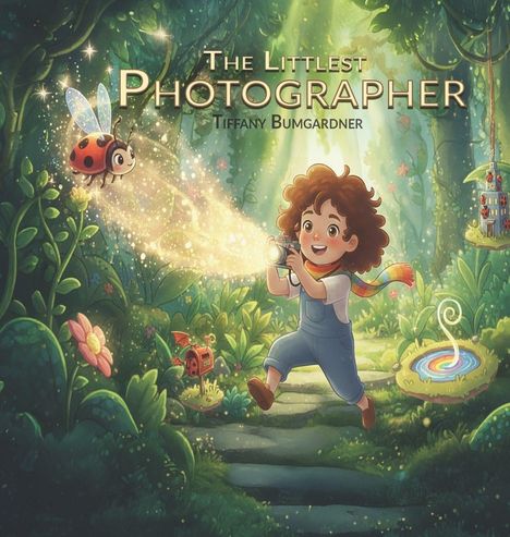 "The Littlest Photographer", Tiffany Bumgardner. Illustration: Kind mit Kamera in einem magischen Wald, umgeben von Glühwürmchen.