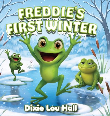 "FREDDIE'S FIRST WINTER", "Dixie Lou Hall". Illustration mit drei fröhlichen Fröschen auf einem vereisten Teich im Winterwald.