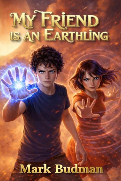 Titel: "My Friend is an Earthling" von Mark Budman. Zwei Jugendliche mit magisch leuchtenden Händen vor einem kosmischen Hintergrund.