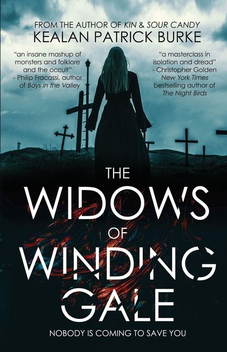 Buchtitel: „The Widow's of Winding Gale“. Eine Frau steht im Vordergrund, umgeben von dunklen Kreuzen.