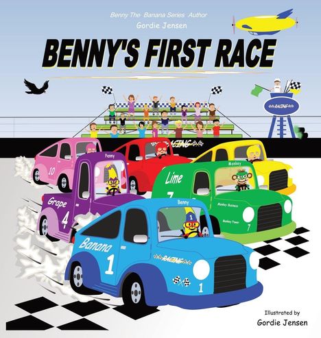 Text: "BENNY'S FIRST RACE", "Banana", "Grape", "Lime", "Benny", "Penny", "Monkey". Illustration von bunten Rennautos und Zuschauern.