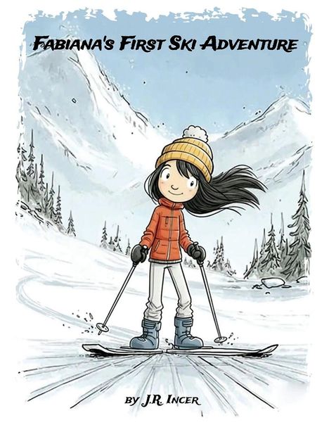 "Fabiana's First Ski Adventure" und "by J. R. Incer". Illustration eines Mädchens beim Skifahren vor schneebedeckten Bergen.