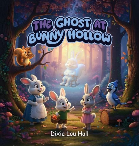 "The Ghost at Bunny Hollow", darunter Dixie Lou Hall. Illustration von Hasenfamilie im Wald, mit einem schimmernden Geisterhasen.