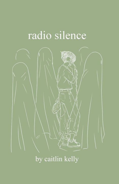 "radio silence" und "by caitlin kelly". Illustration: Person telefoniert inmitten verschleierter Figuren.