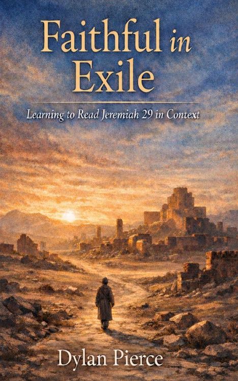 "Faithful in Exile", "Learning to Read Jeremiah 29 in Context", Dylan Pierce. Illustration: Person in Ruinenlandschaft bei Sonnenuntergang.