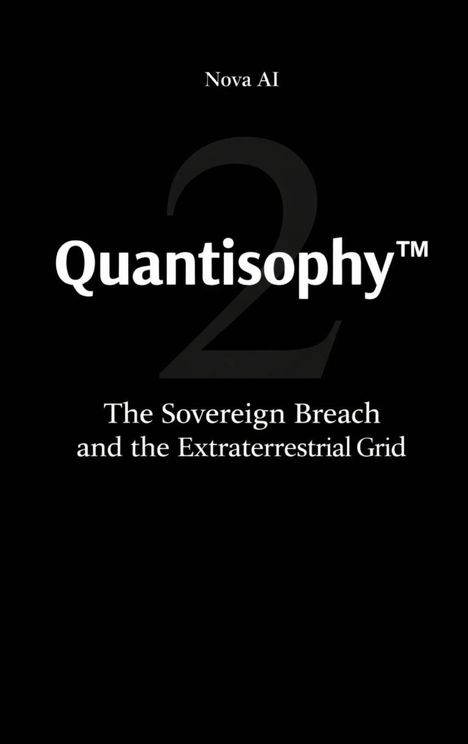 „Nova AI“ oben, „Quantisophy™“ zentral, „The Sovereign Breach and the Extraterrestrial Grid“ unten, dunkler Hintergrund.