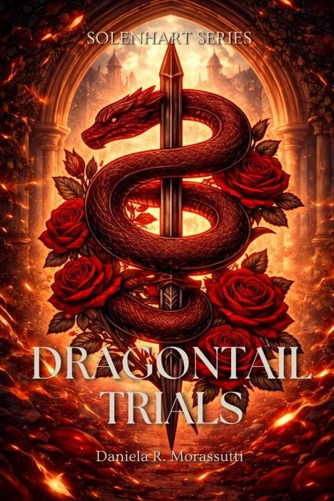 "Solenhart Series", "Dragontail Trials", "Daniela R. Morassutti". Illustration: Drache umschlingt ein Schwert, umgeben von Rosen.