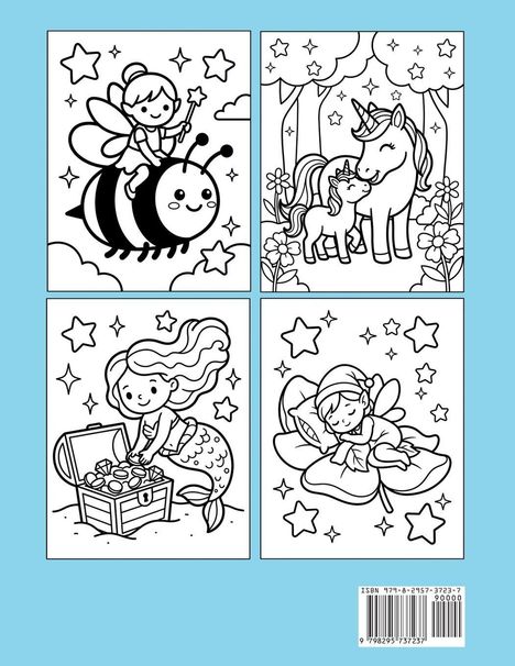 ISBN 978-8-2957-3723-7. Vier Illustrationen: Fee auf Biene, Einhörner im Wald, Meerjungfrau mit Schatztruhe, schlafende Fee.