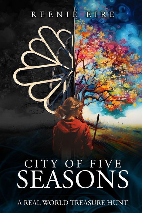 "REENIE EIRE. CITY OF FIVE SEASONS. A REAL WORLD TREASURE HUNT." Eine Frau in roter Jacke vor einem geteilten Baum.