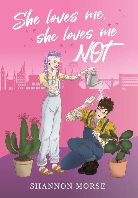 Eine Illustration zeigt zwei Personen mit Pflanzen, eine gießt Wasser auf die andere. Text: "She loves me, she loves me NOT".