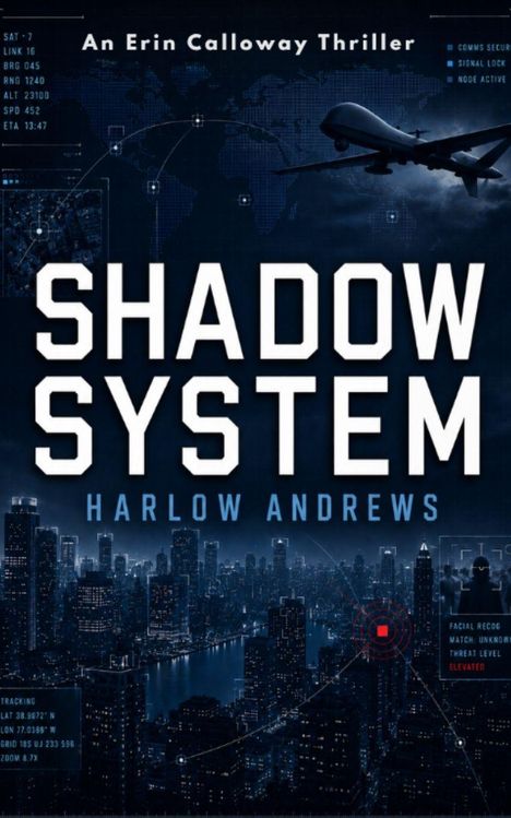 "An Erin Calloway Thriller", "SHADOW SYSTEM", "HARLOW ANDREWS". Eine Drohne fliegt über eine nächtliche Stadtansicht.