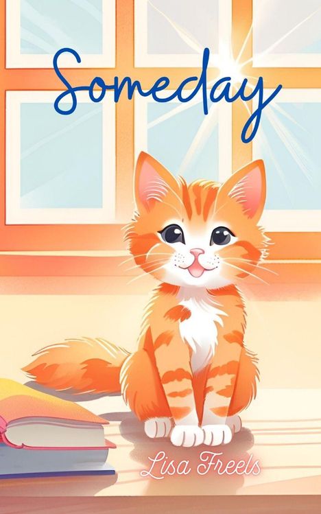 Text: "Someday" und "Lisa Freels". Illustration einer lächelnden, rot-weißen Katze vor einem Fenster mit Sonnenschein.