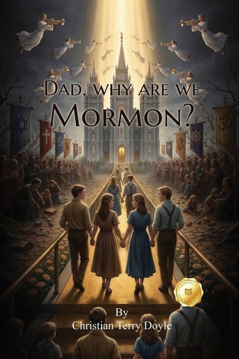 "Dad, why are we Mormon?" Eine Familie geht Hand in Hand auf einen beleuchteten Tempel zu, umgeben von Menschen und Bannern.
