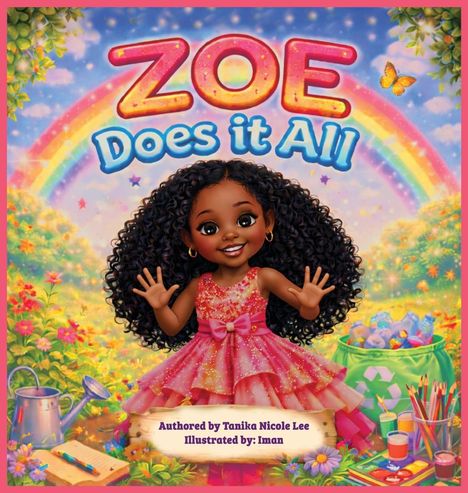 "Zoe Does it All" steht oben. Ein Mädchen in einem bunten Kleid streckt die Hände aus, umgeben von Regenbogen und Natur.