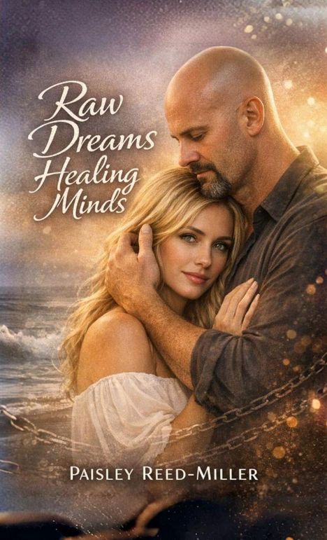 „Raw Dreams Healing Minds“ und „Paisley Reed-Miller“. Ein Paar hält sich am Strand in warmem Licht umarmt.