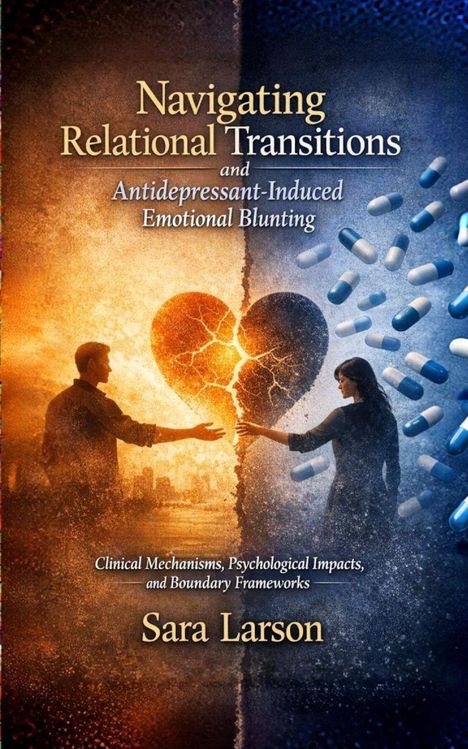 Buchtitel: "Navigating Relational Transitions and Antidepressant-Induced Emotional Blunting" von Sara Larson. Illustration: Zerrissenes Herz zwischen zwei Personen, umgeben von Pillen.