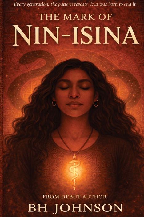Buchtitel: "The Mark of Nin-Isina". Text: "Every generation...". Autor: BH Johnson. Illustration: Frau mit geschlossenen Augen und Amulett.