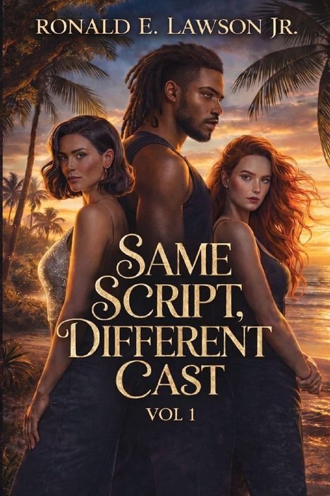 RONALD E. LAWSON JR., Same Script, Different Cast, Vol 1. Drei Menschen stehen vor einem tropischen Sonnenuntergang.