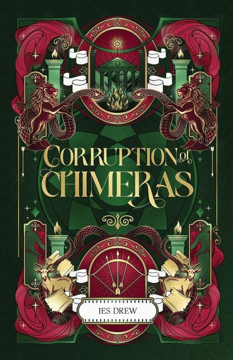 "Corruption of Chimeras" und "Jes Drew" in geschwungener Schrift. Illustration mit Löwen, Schlangen und mythologischen Motiven.