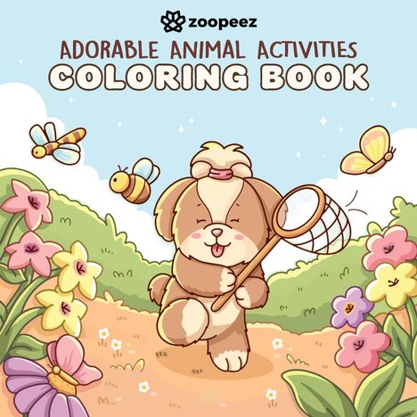„Adorable Animal Activities Coloring Book“ steht oben. Unten tanzt ein Welpe mit einem Schmetterlingsnetz, umgeben von Blumen.